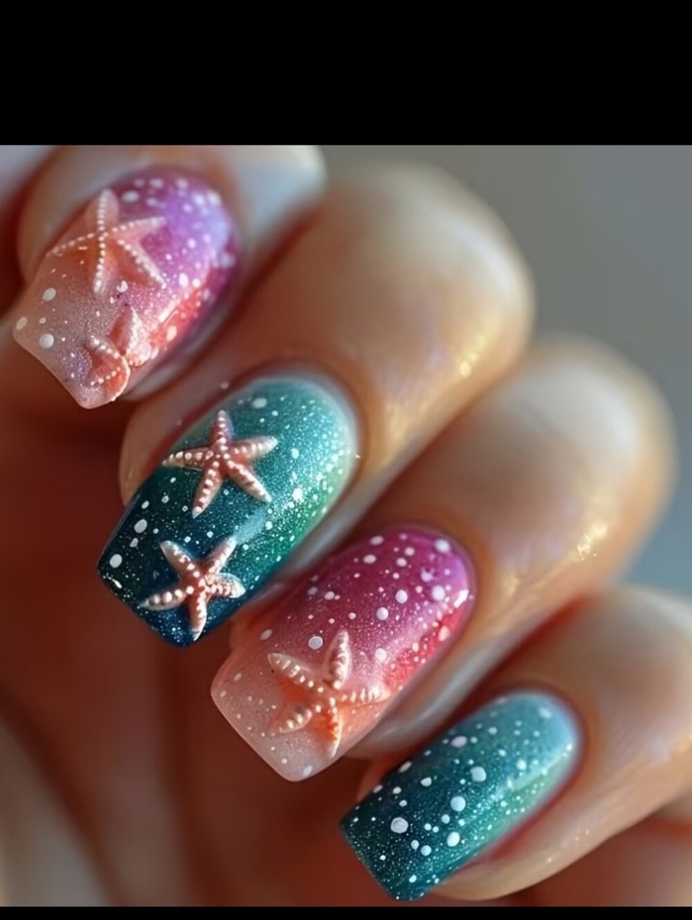 🔥3/$21 Ocean Gradient Starfish Press On Nail Set — Teal & Pink